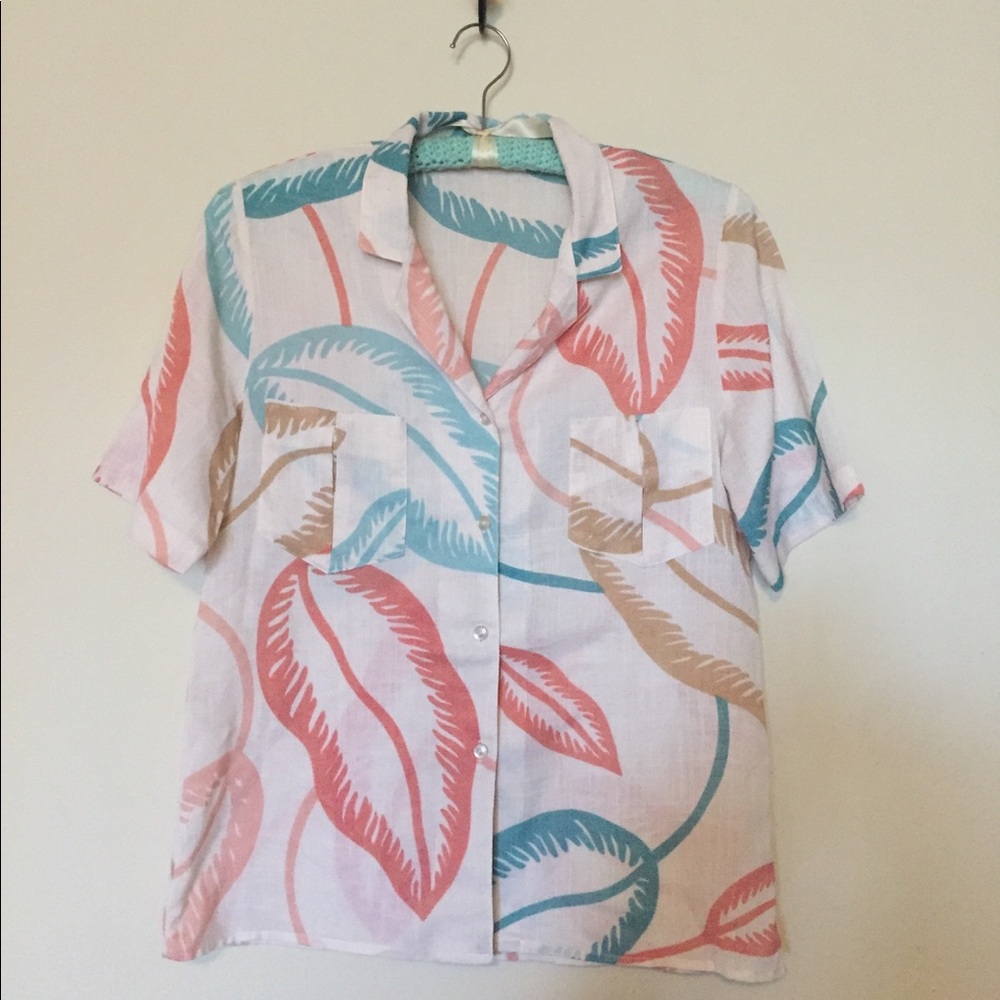 Vintage 90s button blouse pastel tropics small
